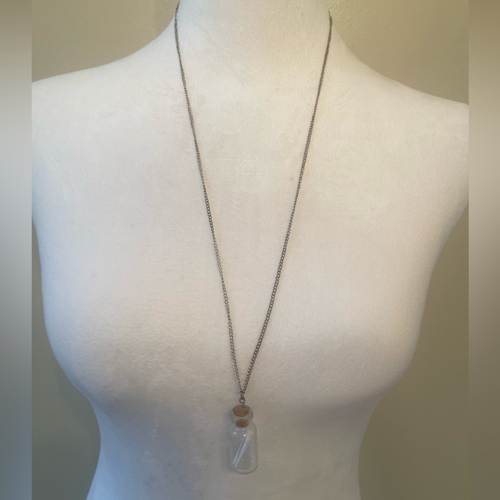 Silver Chain Rolled Up Paper Message In A Glass Bottle Cork Sealed 16” Necklace
